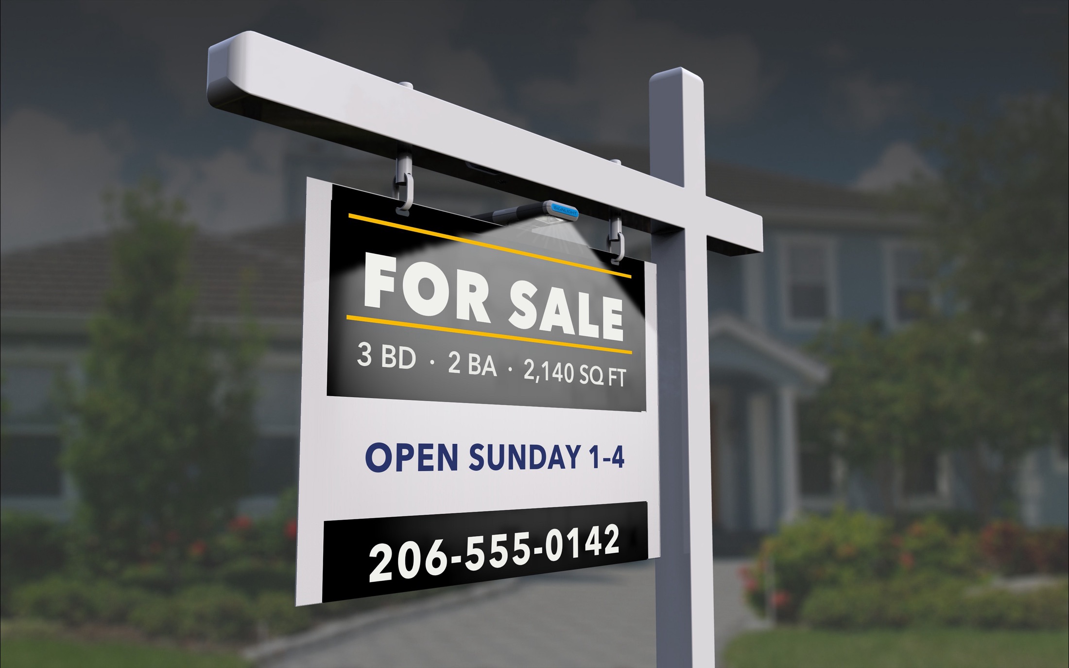 A for-sale yard sign at dusk, lit from above by a Signlight clipped to its top edge